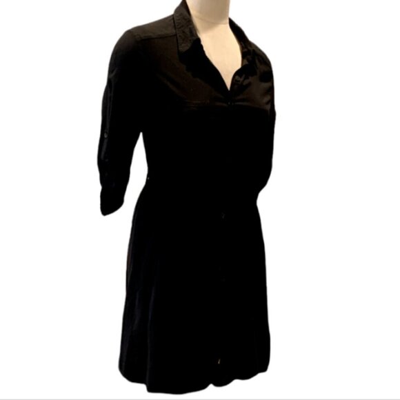 IZ Byer Button Down Shirt Dress Roll Tab 3/4 Sleeve Sz L Black #49D - Picture 2 of 7